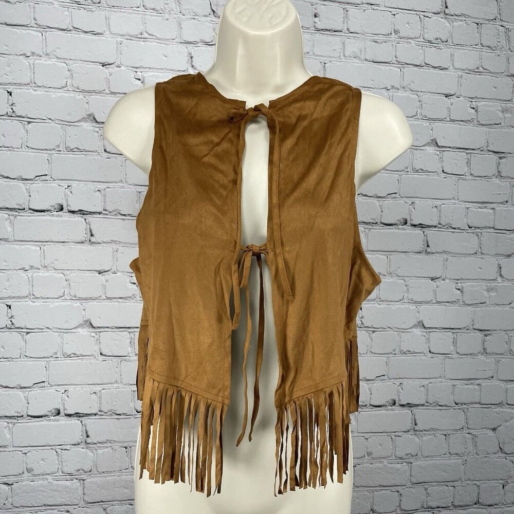 NWT Relish Noless Brown Fringe Tie Lightweight Soft Faux Suede Vest Medium M